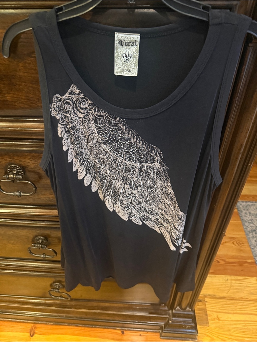 Vocal Black Tank with Metallic Silver Wing Graphic